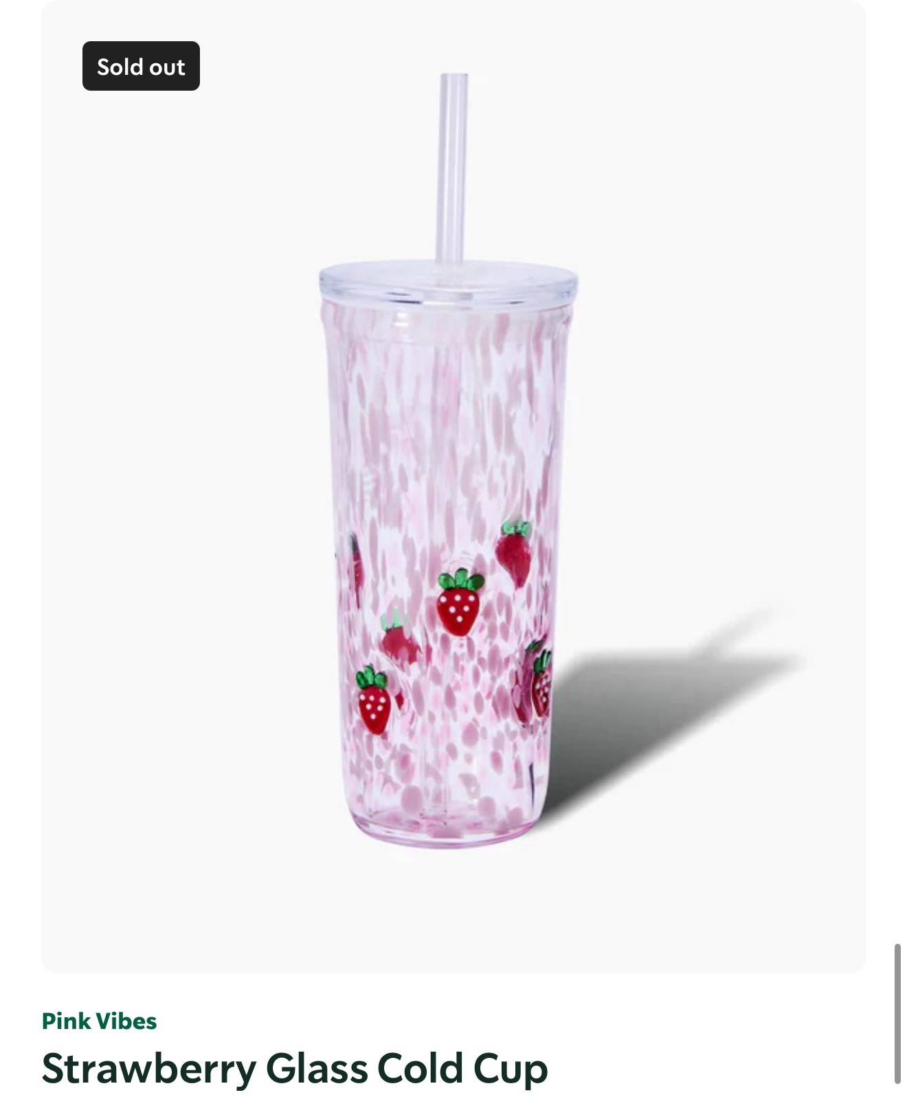 Starbucks LIMITED EDITION Pink Strawberry Print Glass Cup Tumbler w/ Lid & Straw