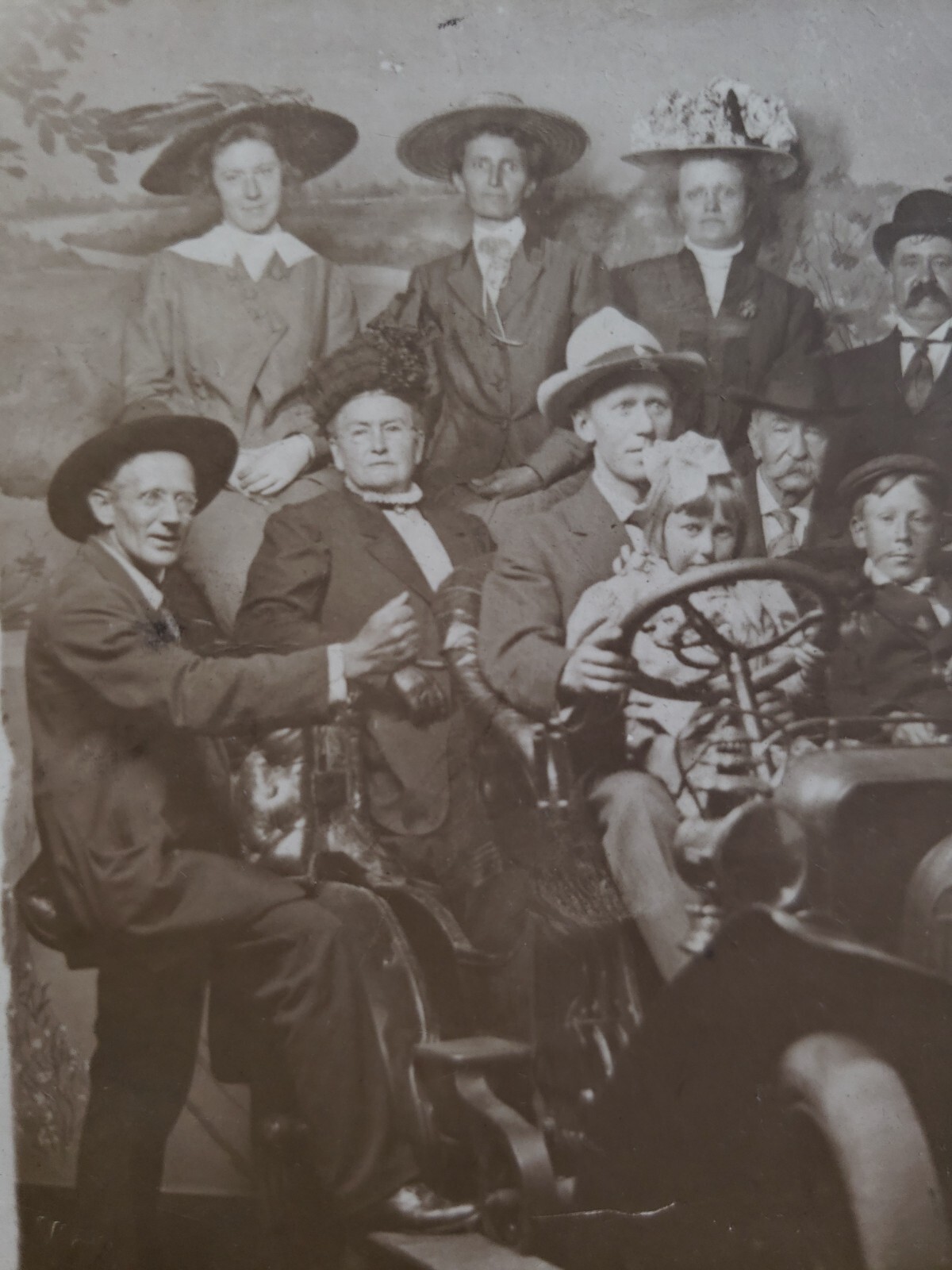 1910 Car RPPC antique auto w 10 people + baby, PMC postcard, Unposted