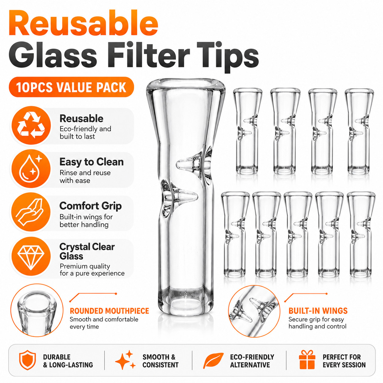 Medium Size Glass Filter Tips for Cigarettes 10PCS Transparent Ø9mm OD 35mm Pack
