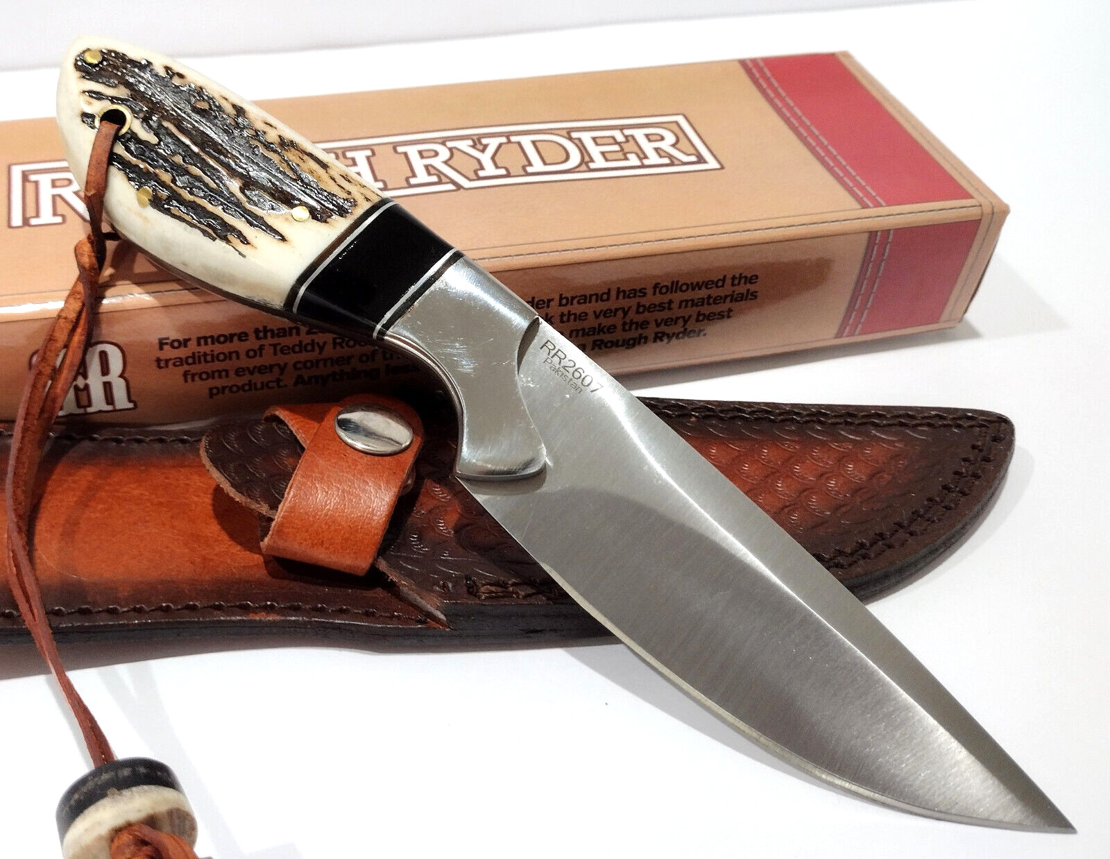 Rough Ryder Full Tang Stag Bone Handles Skinning Hunting Knife + Leather Sheath