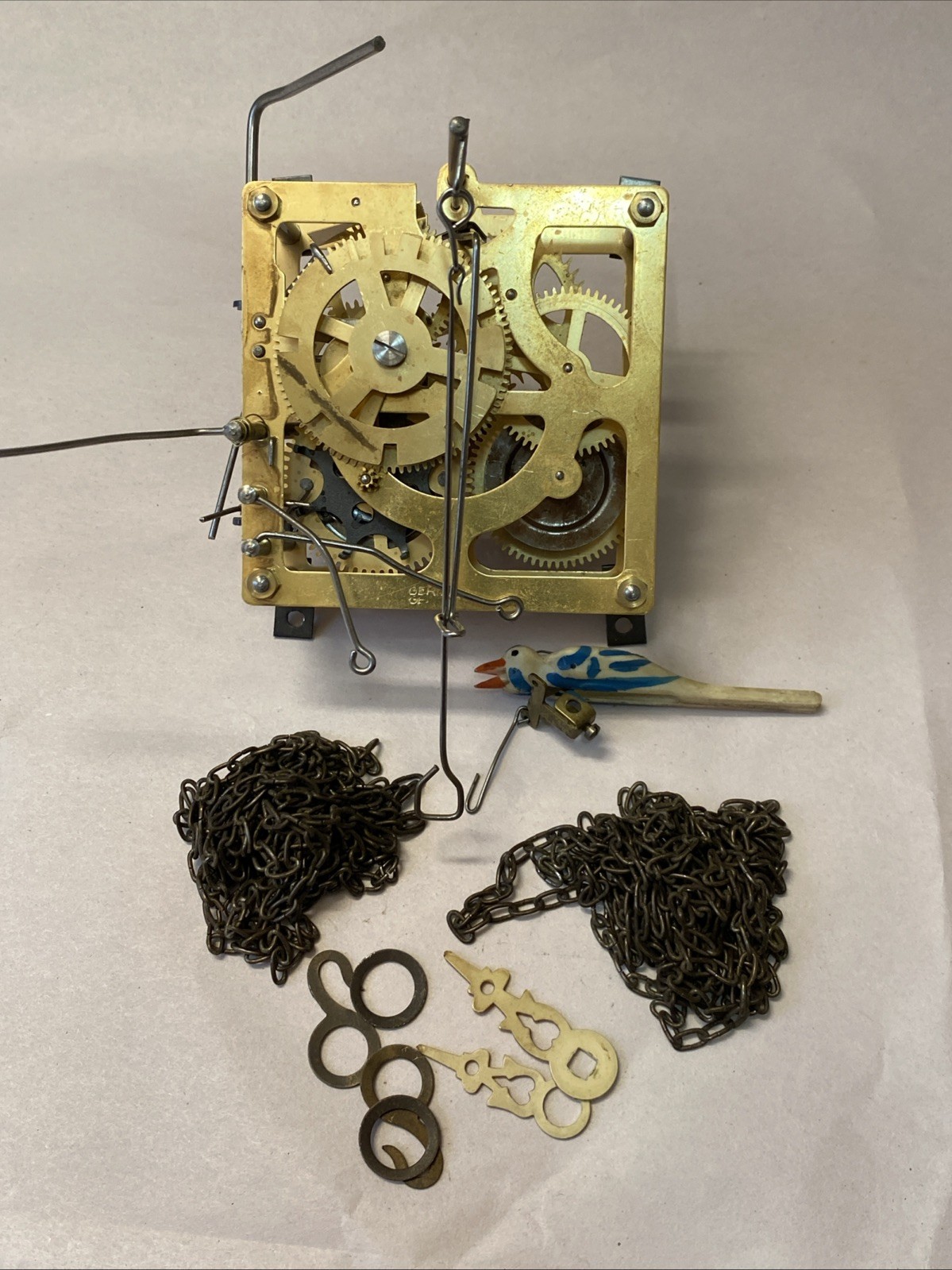 Vintage 1950’s Count Wheel Cuckoo Clock Movement Chains Hands Bird Untested