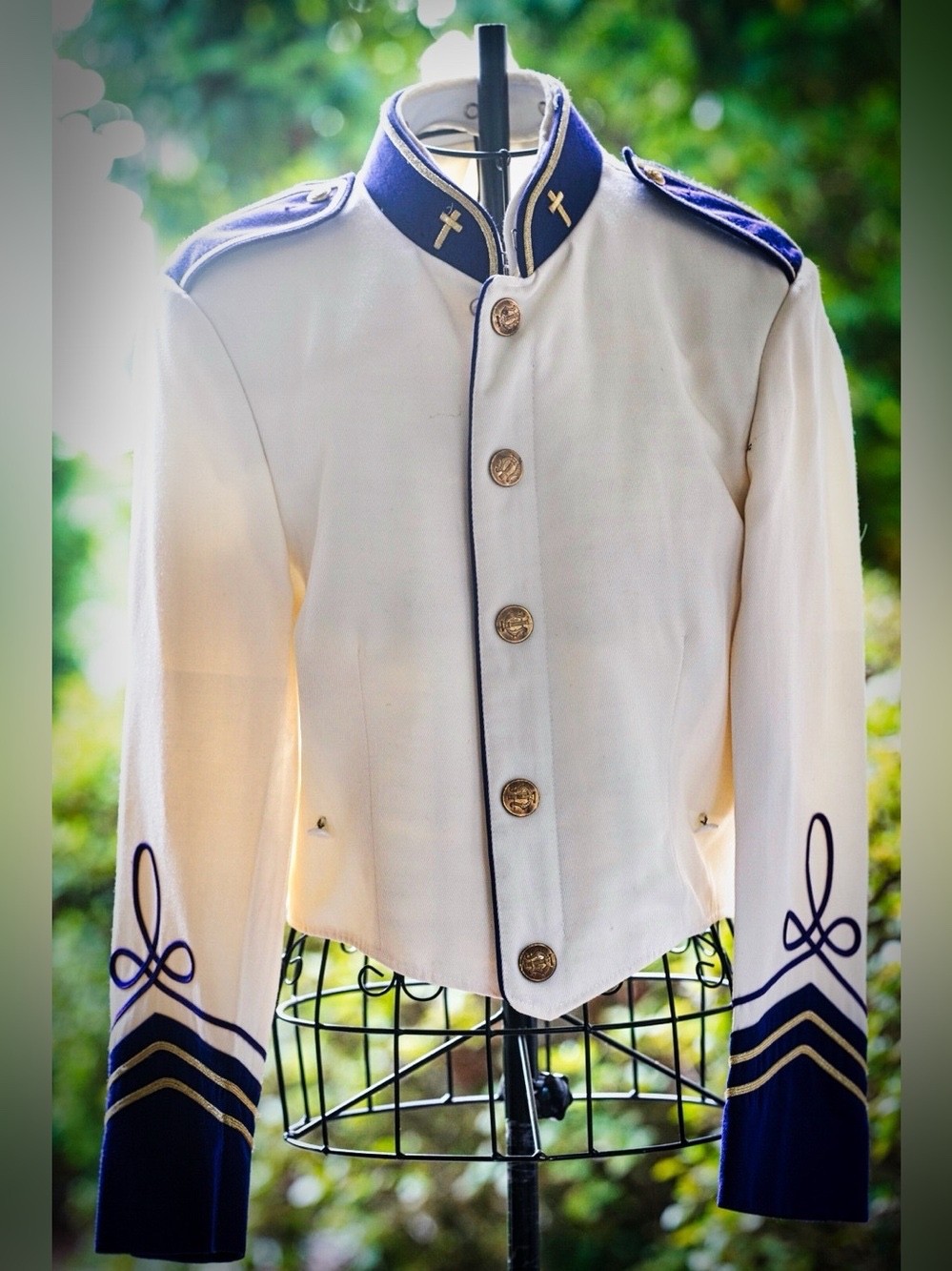 Vintage 1950s: Stanbury Marching Band Jacket White Blue Gold Trim Uniform Tunic