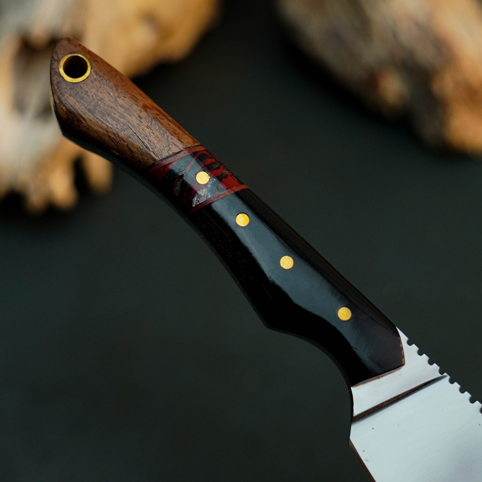 6.6″ D2 EDC Hunting Fixed Blade Knife Full Tang Hybrid Handle Leather Sheath