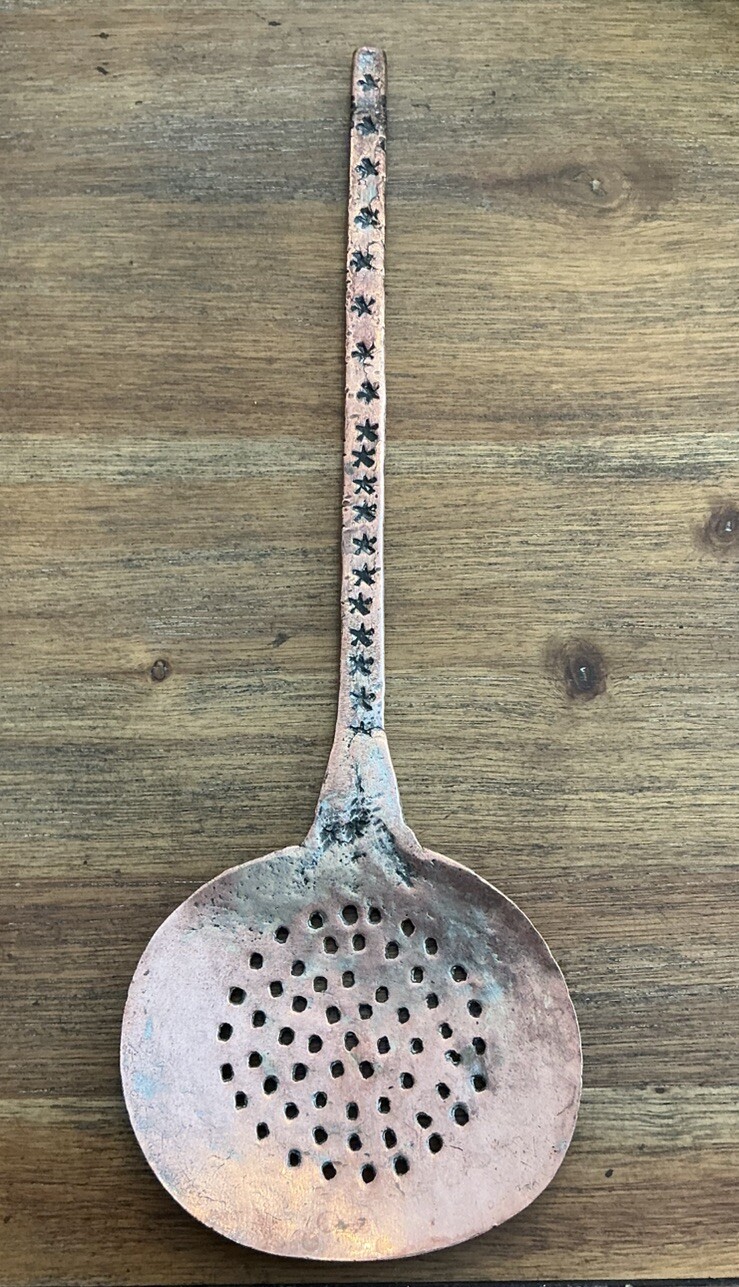 Hammered Brass Slotted Spoon Hand Made Decorated Handle Rustic Farmhouse 13 in