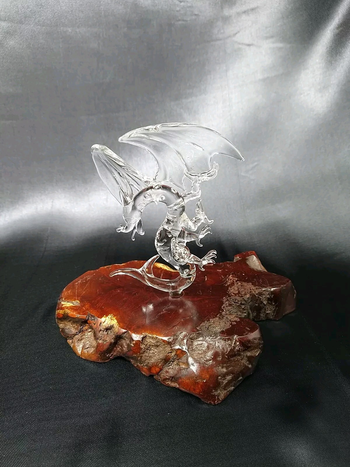 Mini Dragon Hand Blown Glass On Large Wood Burl Figurine Figure Decor Mythical
