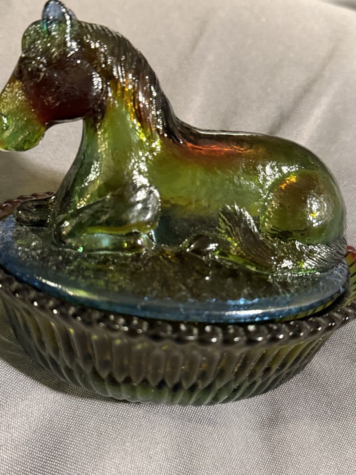 Vintage Rubina Nesting Horse on Nest Iridescent Multi Color Carnival Art Glass