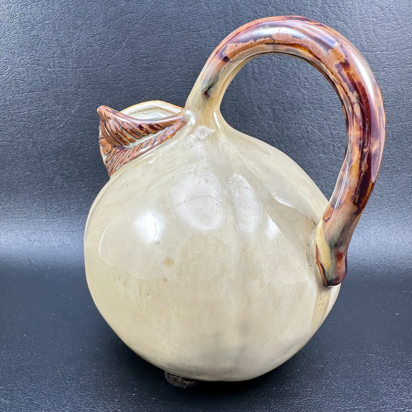 Gourd Pumpkin Pitcher Pottery Leaf Spout Rustic Famhouse Browns Autumn Fall 6.5″