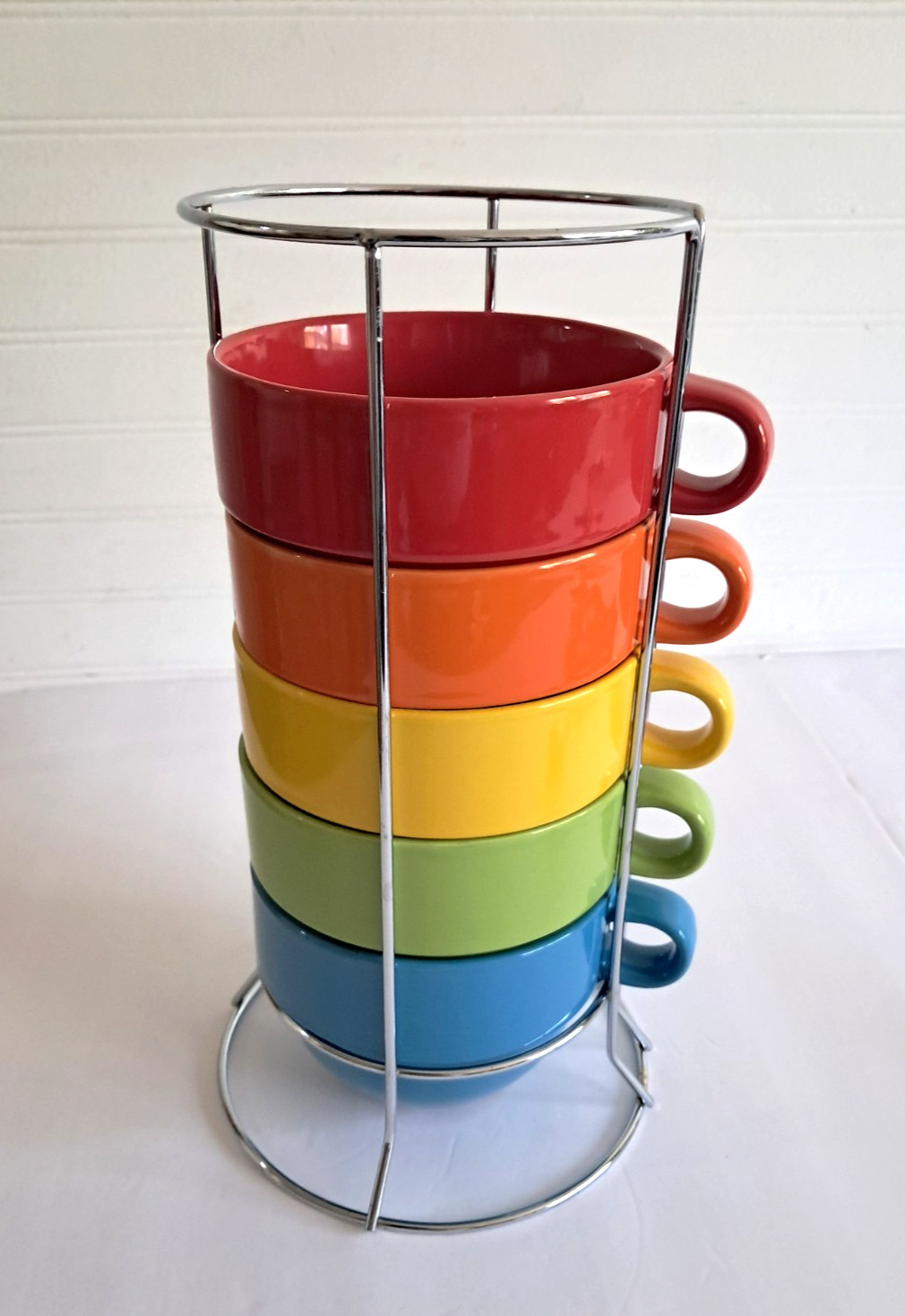 Pier 1 Imports Stackable Mugs Set Holder Multicolor Rainbow 5″ Round x 3.5″H