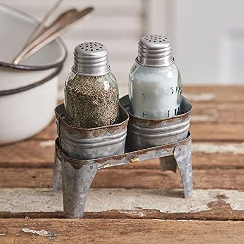 Wash Bin Salt & Pepper Shaker Glass Set Caddy Holder – Farmhouse Country Decor