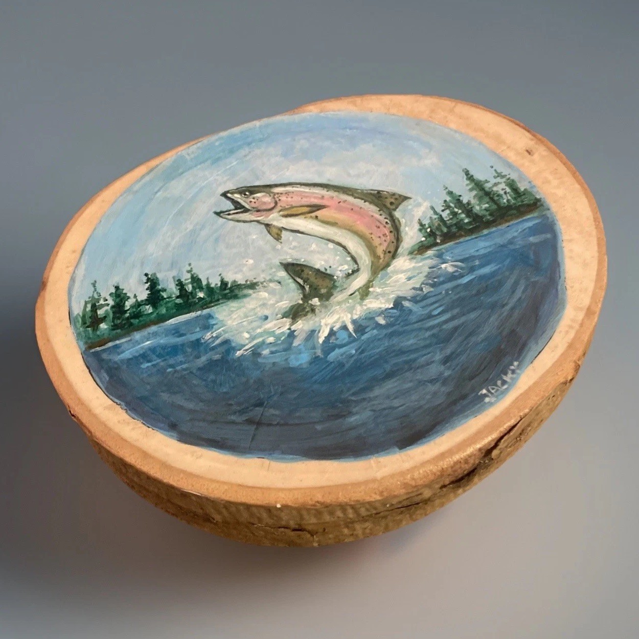 Trout Fish Painting Folk Art Jumping Trout Hand Painted Round Wood 7” X 8” Rare!
