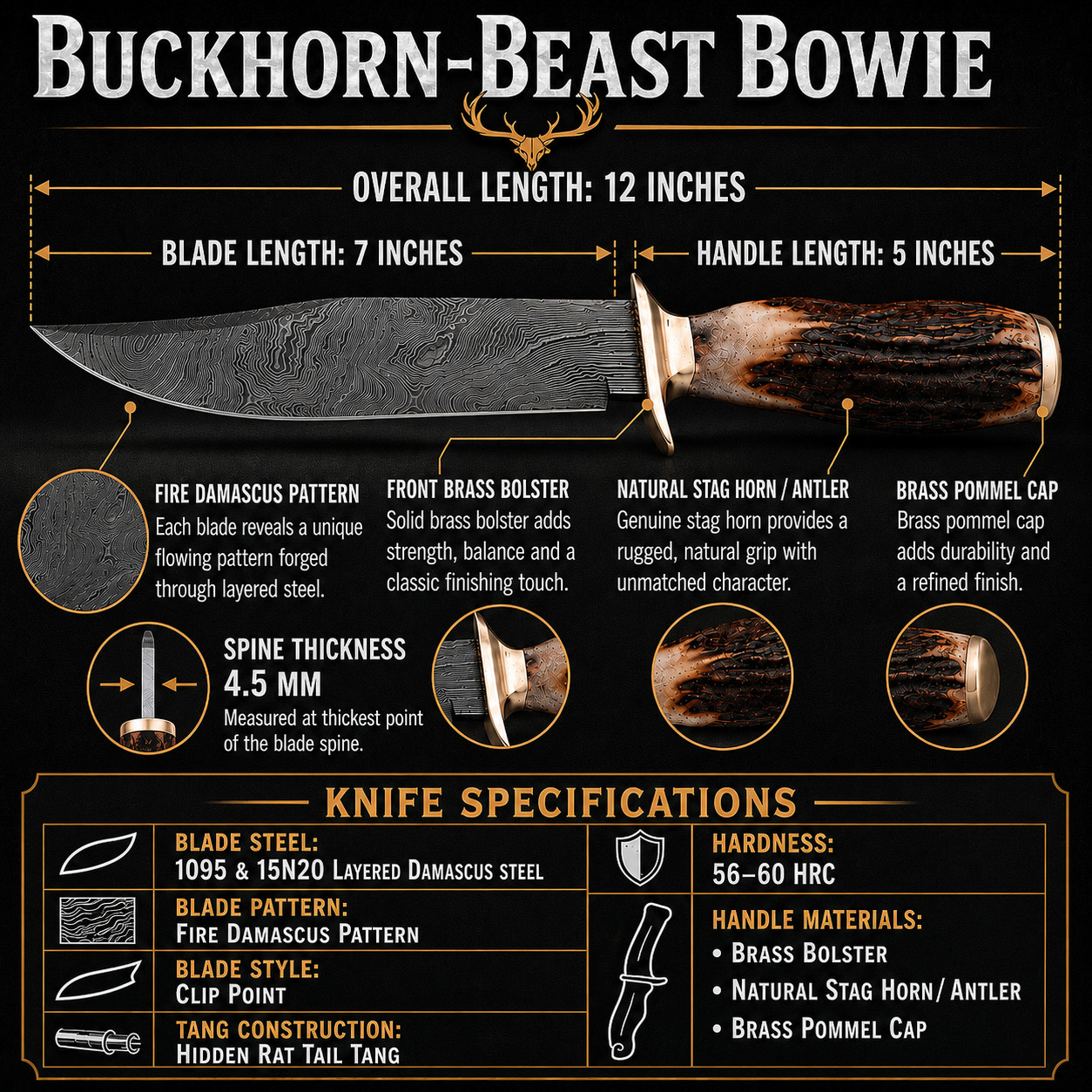 Buckhorn-Beast Bowie Hunting Knife Fixed Blade Outdoor Survival Stag Handle
