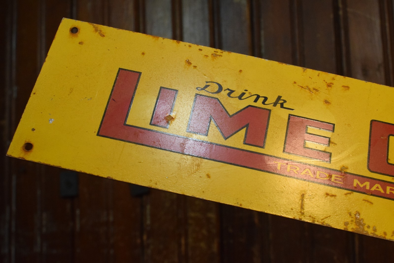 DRINK LIME COLA PAINTED METAL MALT SHOP DEALER SIGN VINTAGE 1950s 3″ x 12″ SODA
