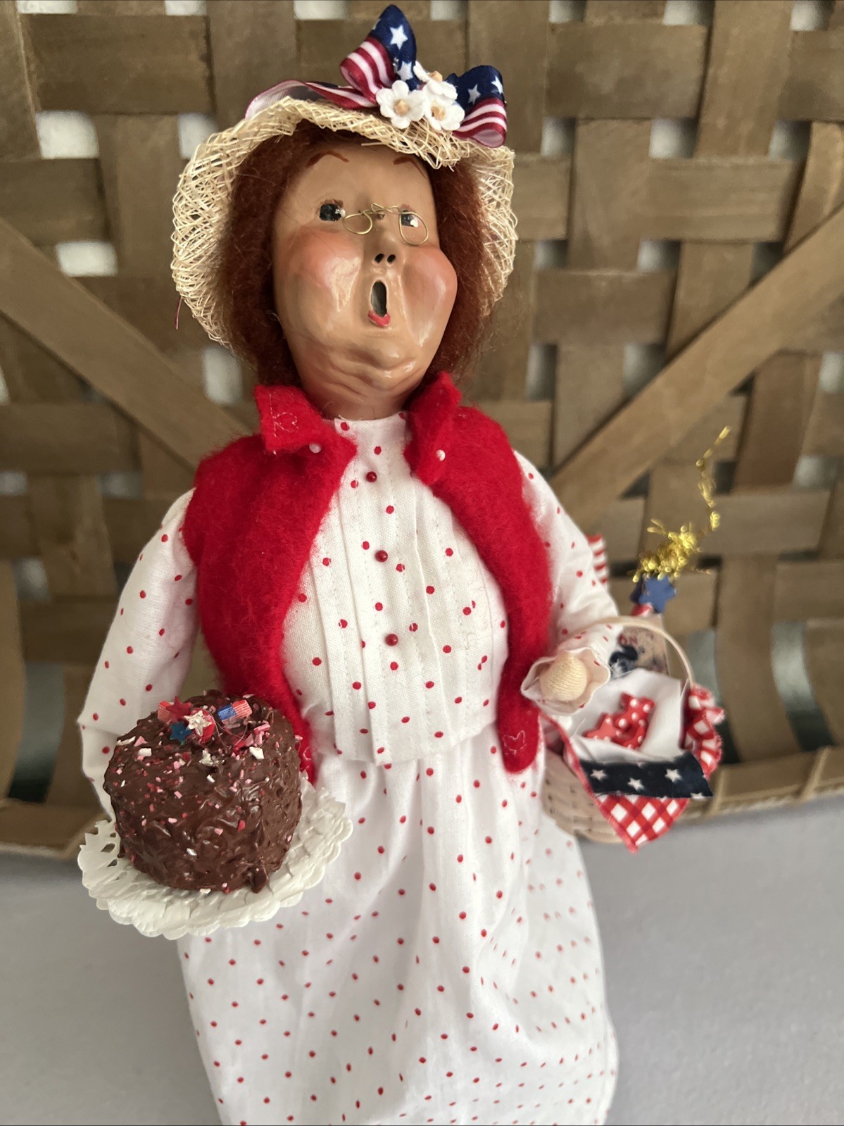Byers Choice 4th Of July Woman w/Picnic Basket Cake Sparkler & Sign, Redressed