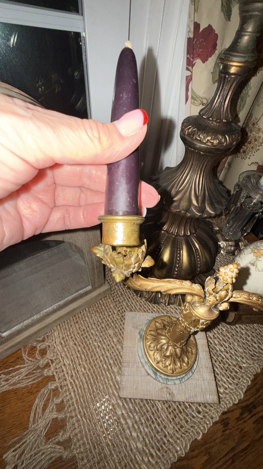 Vintage Brass Two Arm Candelabra Marble Base Acorn Oak Leaf Candle Holder