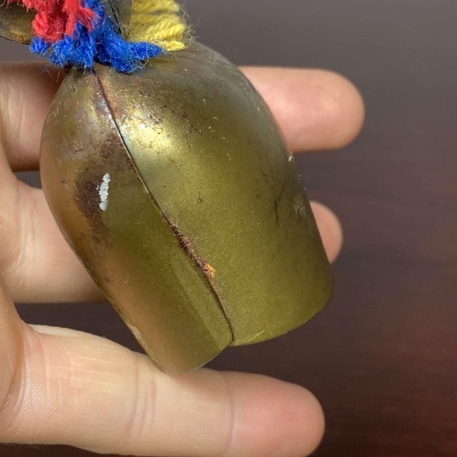Brass Swiss Cow Bell Multi Color Fringed Leather Strap Vtg 6” Cottage Landscape