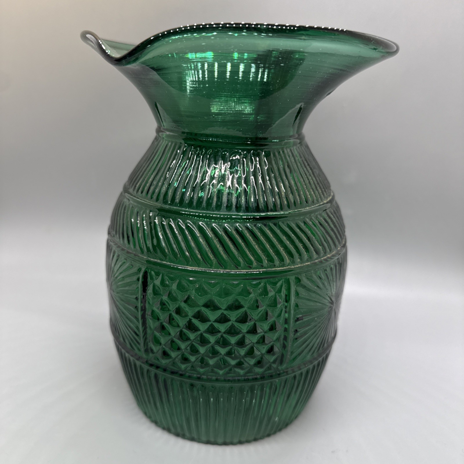 Glass Clevenger 3 Mold Pitcher Stoddard Pattern Green Amberina Ombré 6.75×5”