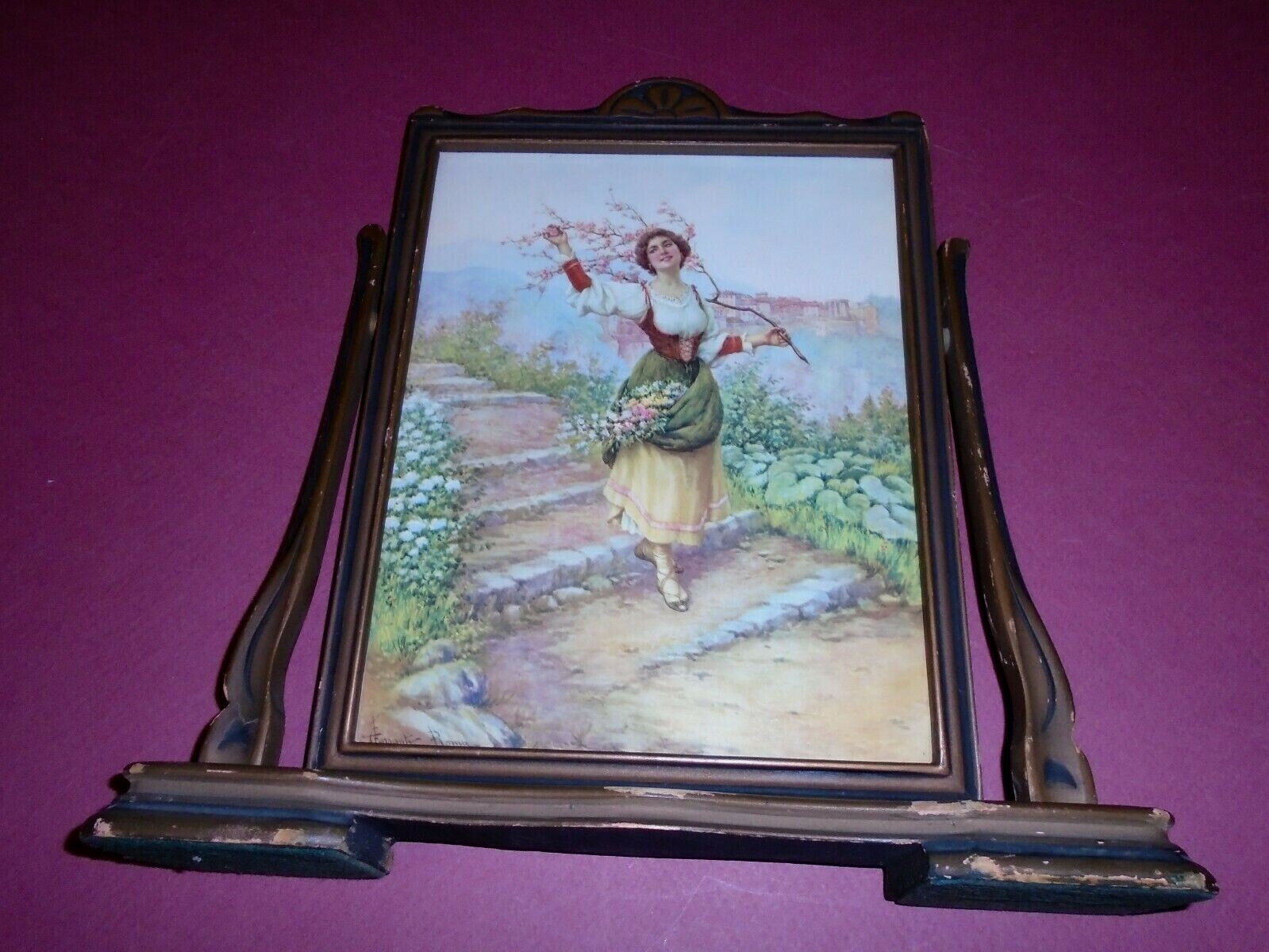 Tilt Frame Print Signed Ceranti Roma Lady Flower Opening 7.5″x9.5″ VTG Free Ship