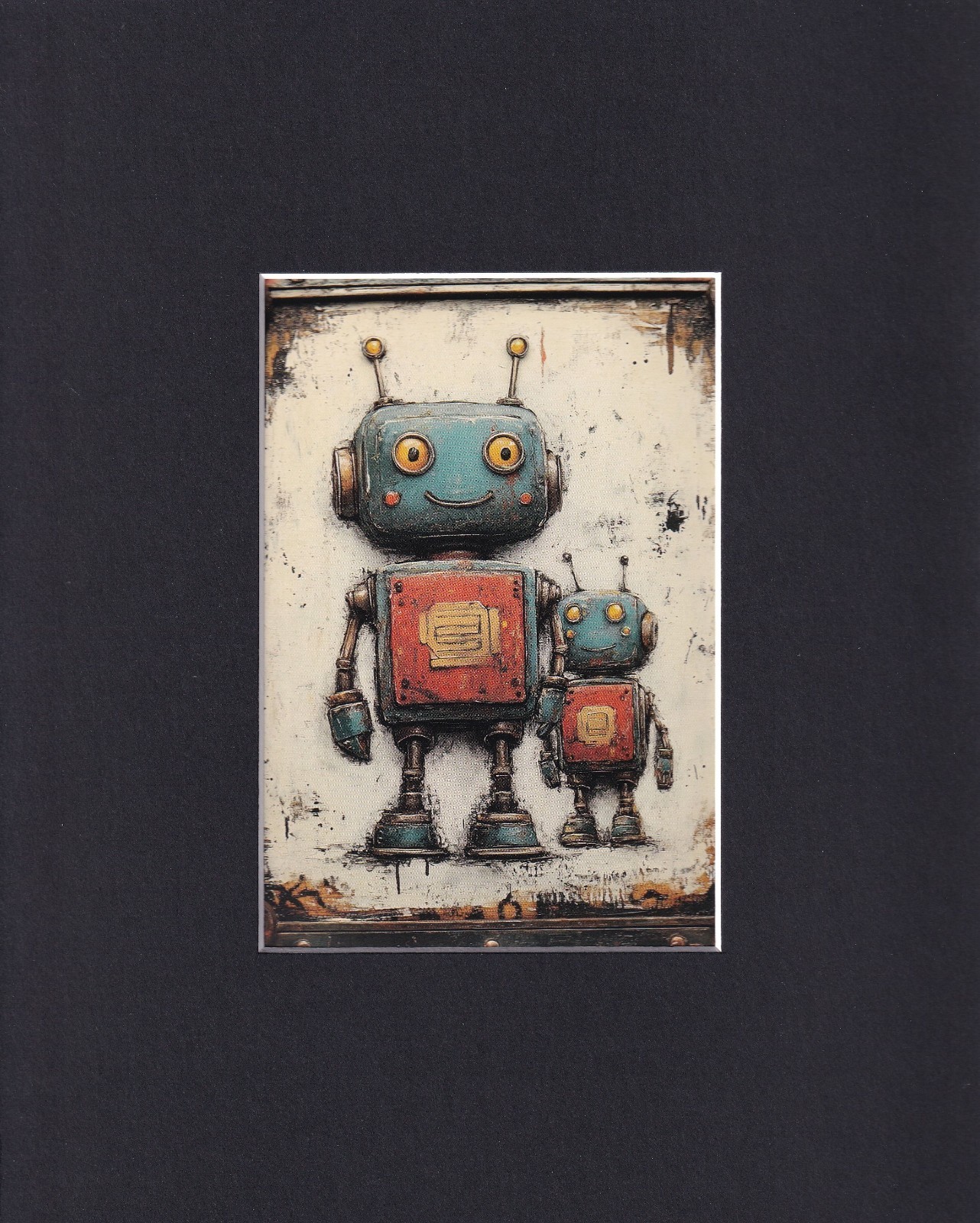 8X10″ Matted Print Art Picture: Vintage-Looking Toy Robots: Robot Parent Child