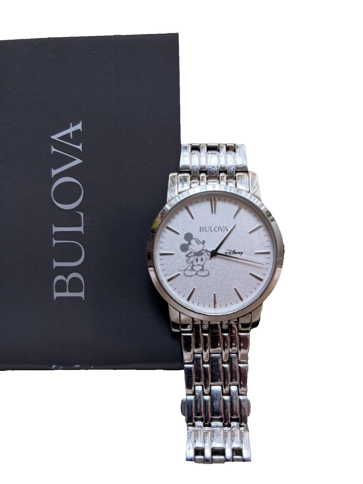 Bulova Disney Mickey Mouse Theme Silver-Tone Metal Bracelet Wristwatch