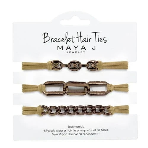 Maya J Bracelet Elastic Hair Ties with Chocolate Chain, Beige Tie, Set of 3
