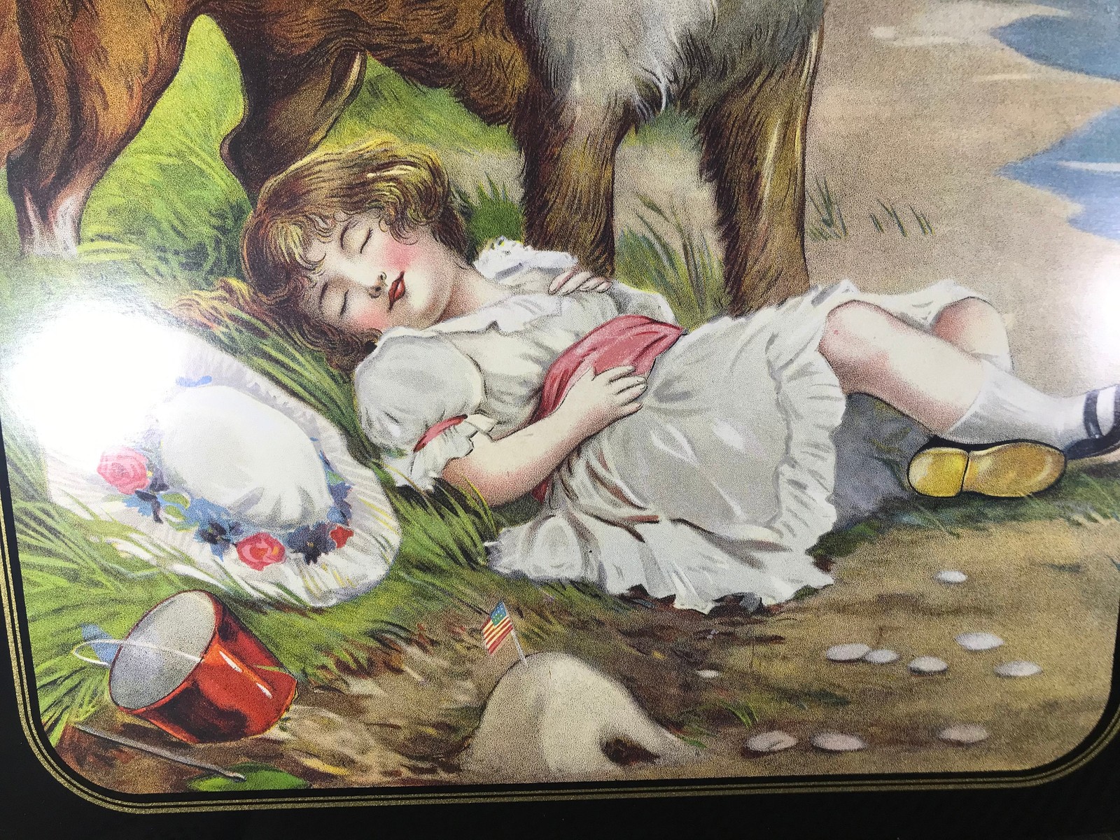 St. Bernard and Child on Beach lithograph “On Guard” Print with Wooden Frame