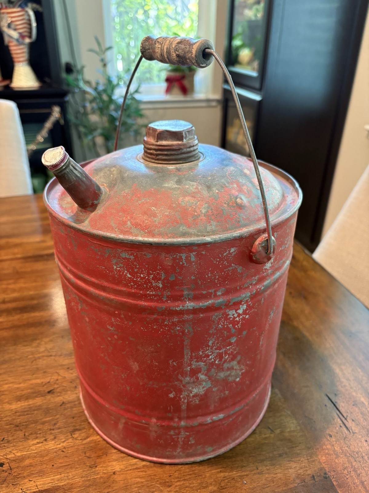 Antique 1 gal. Gasoline Can w/ Wood Handle 1940s Nice Spout Vtg Screw Cap
