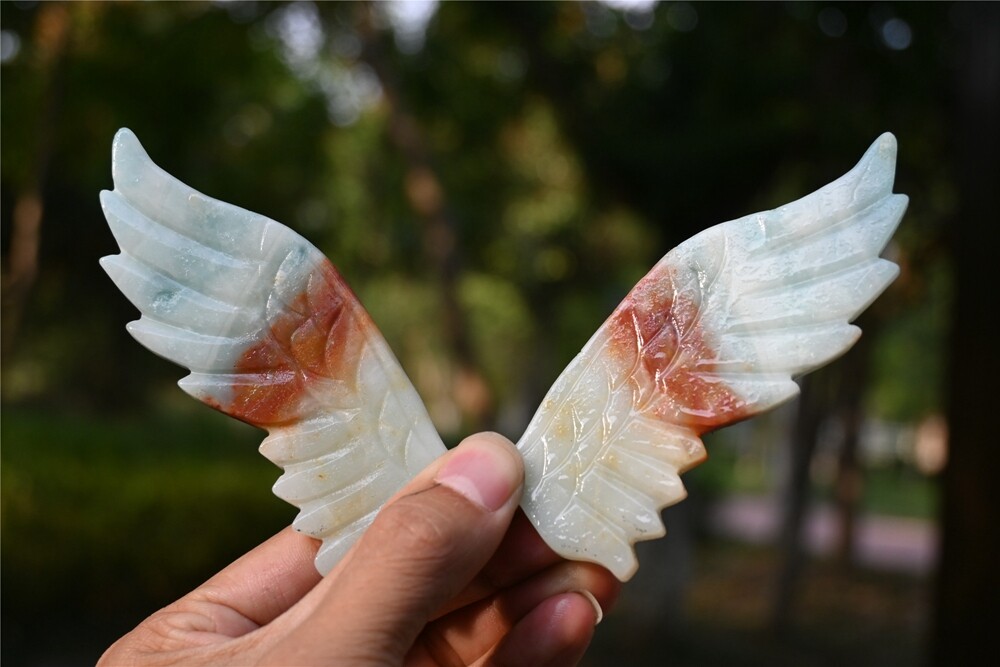 0.33LB Natural Amazon Jasper Wings Quartz Carved Crystal Skull Decoration +Stand