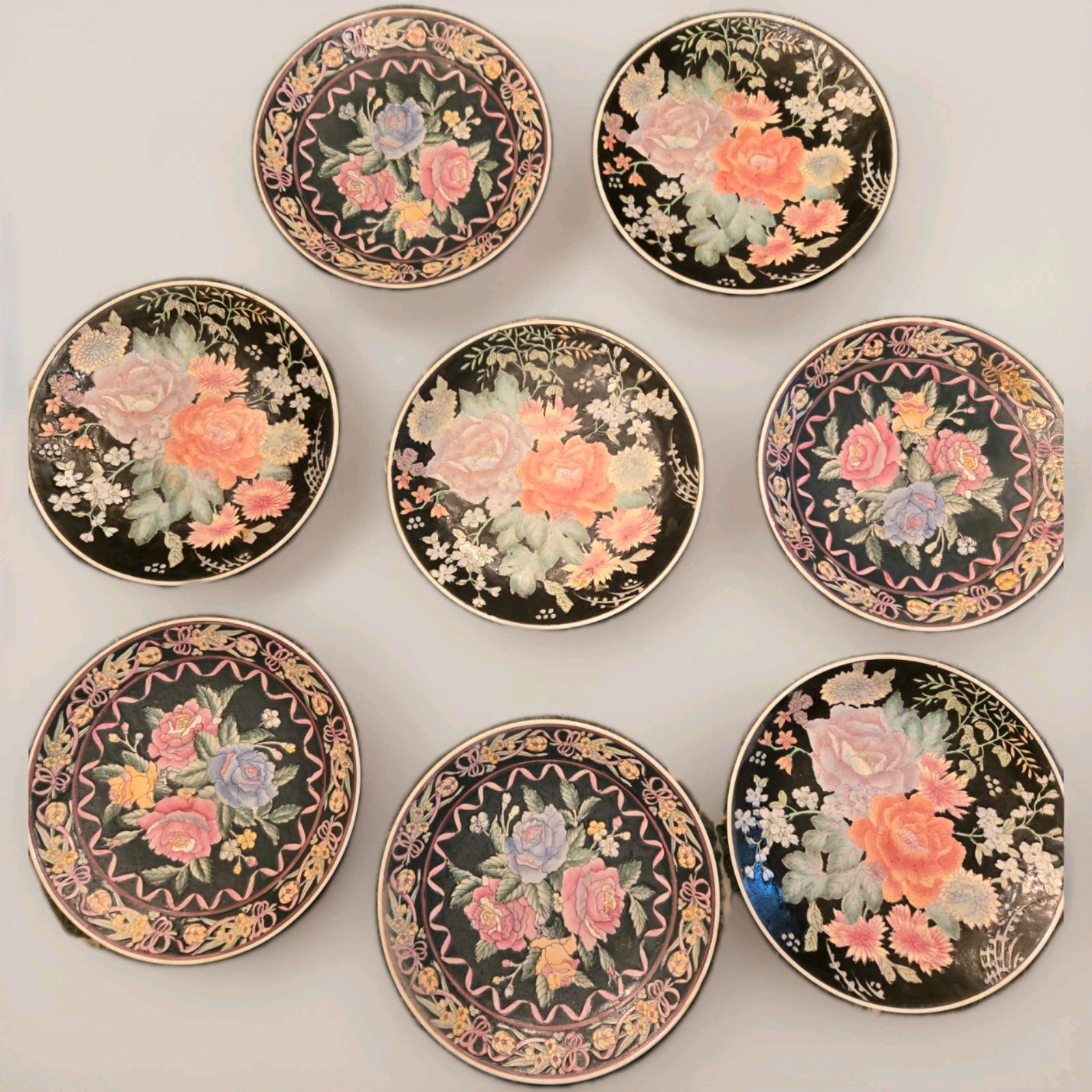 Set Of Eight Vintage Decorative Plates, Flowers On Black Background