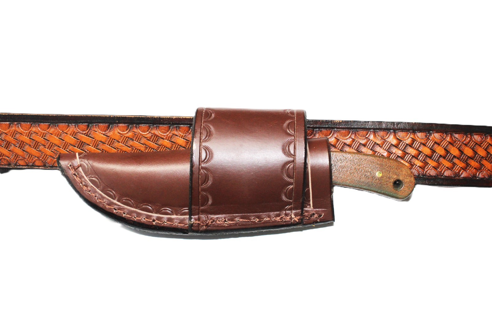Custom leather knife sheath. That will fit a buck. 113. Knife not included.