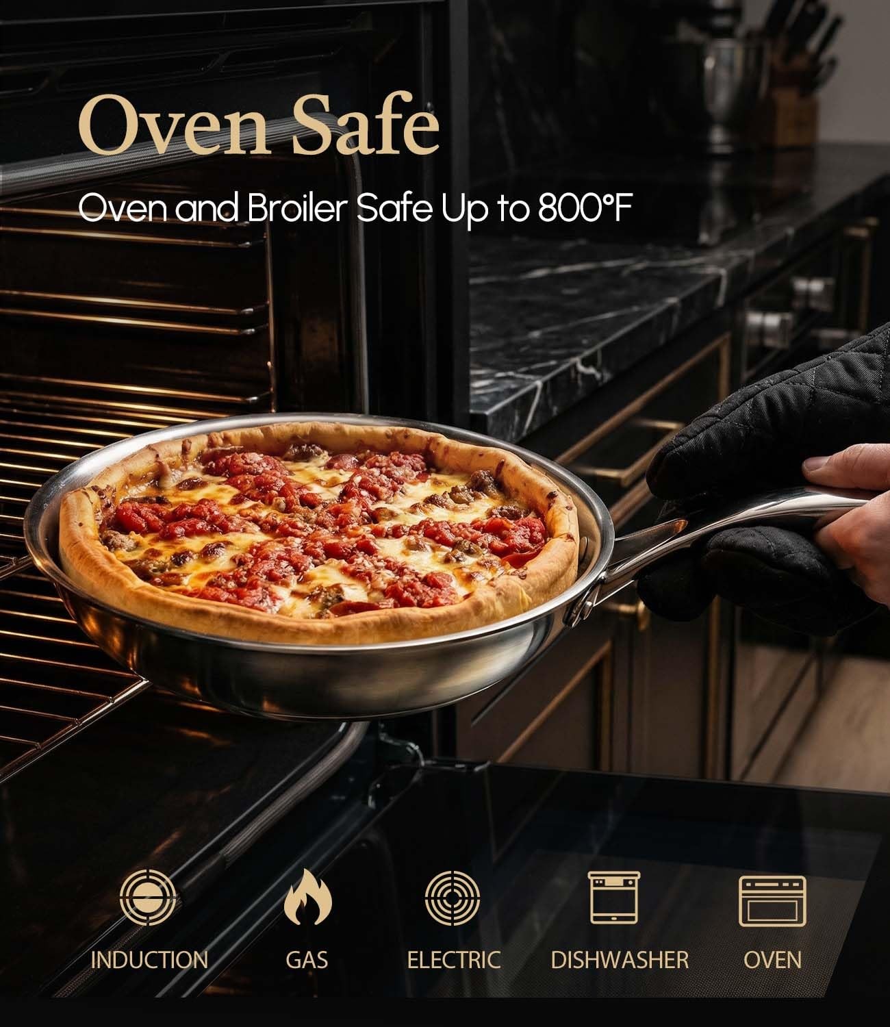 8 Inch Stainless Steel Pan, 5-ply Clad Base 800℉ Safe Frying Pans For Even