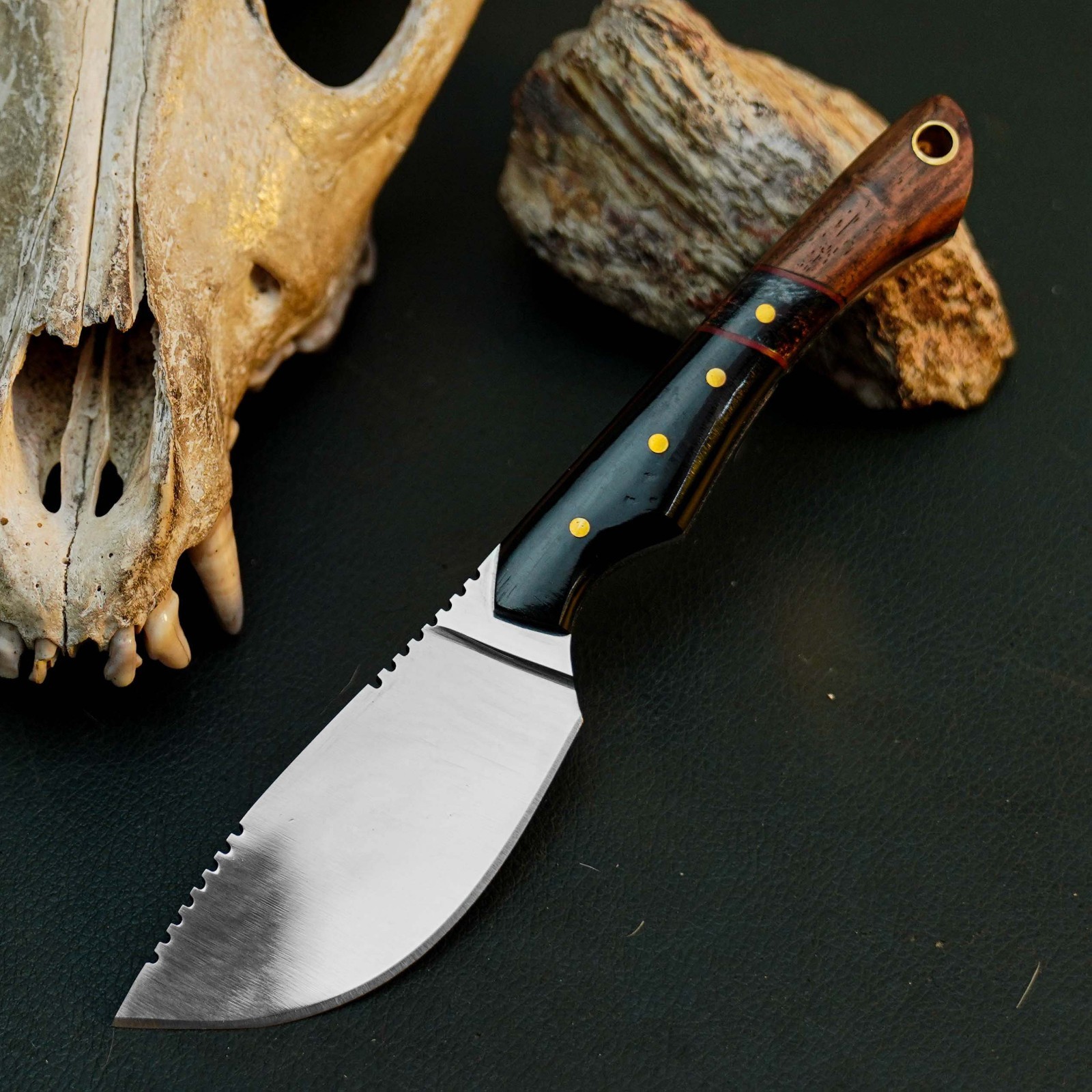 6.6″ D2 EDC Hunting Fixed Blade Knife Full Tang Hybrid Handle Leather Sheath