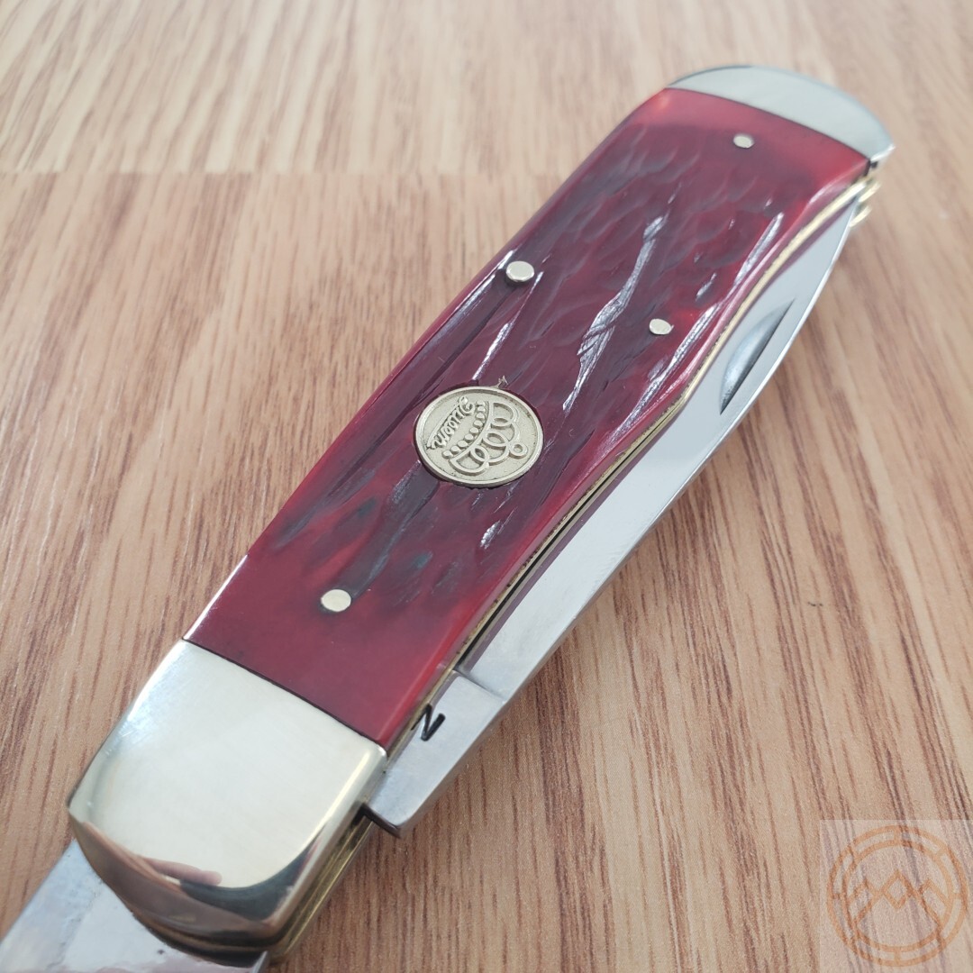 Queen Big Boy Trapper Pocket Knife 1095 Steel Blades Red Jigged Bone Handle 7555