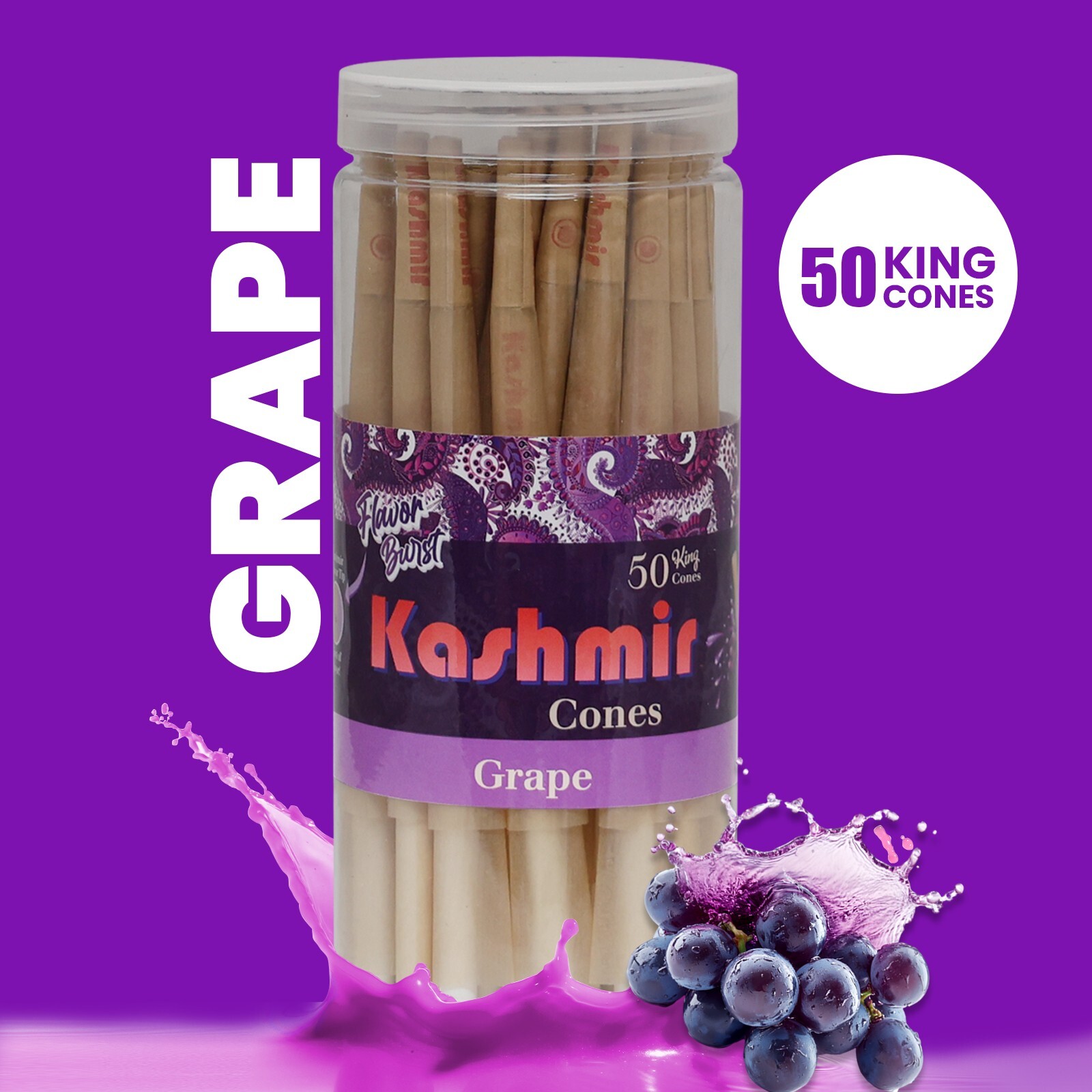Pre Rolled Cones King Size Grape Flavored Rolled Paper Cone 50 Ct Jar by Kashmir