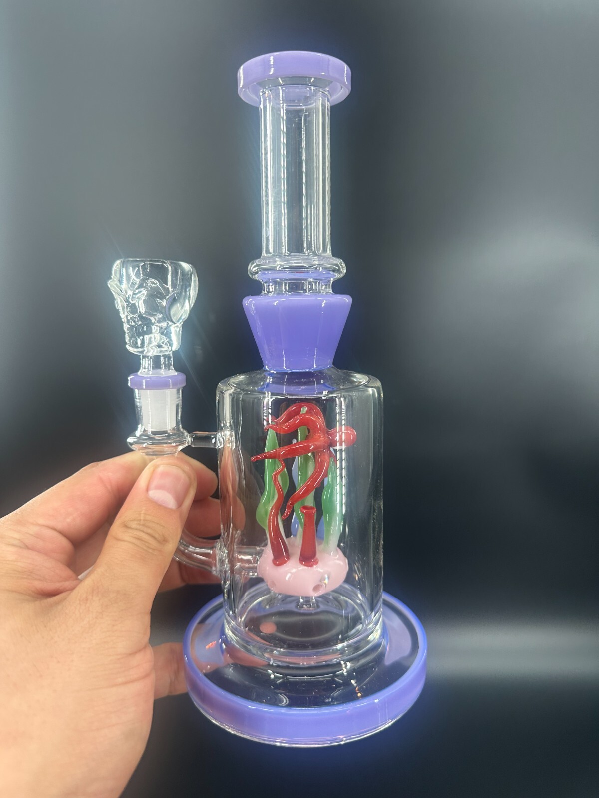 9in Purple & red Recycler Glass Bong 14mm Bowl Water Pipes Hookah