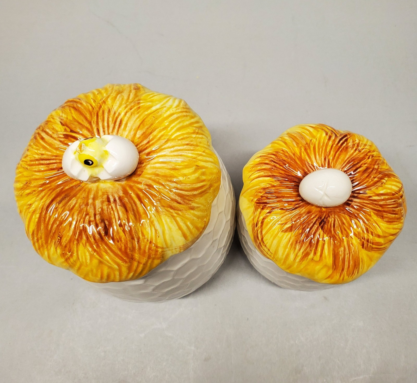 2 Vintage 1976 Chicken Little Ceramic Canisters Sears Roebuck Yellow Brown Japan