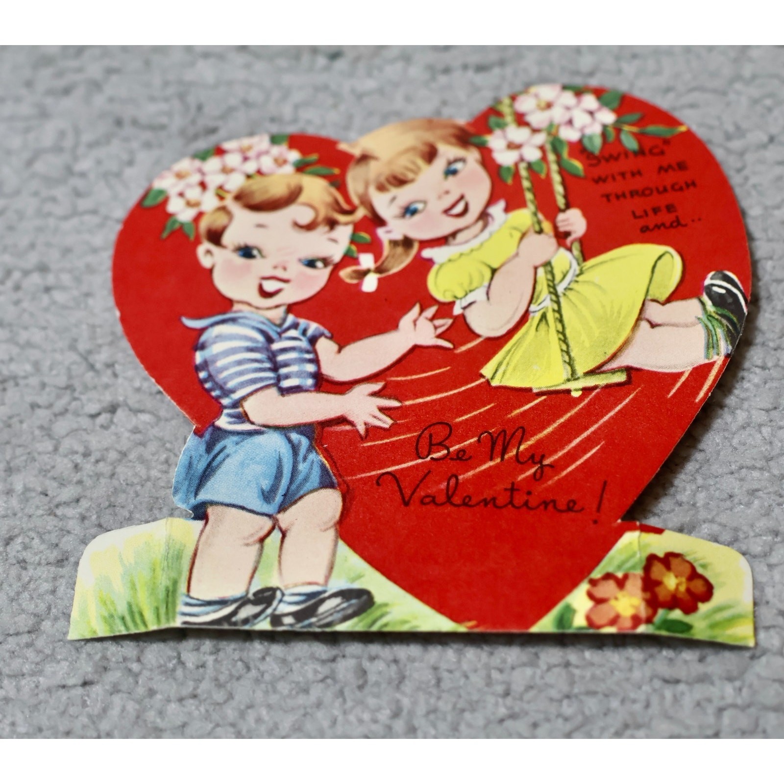 Vintage A-Meri-Card Die-Cut Valentine Kids Swinging Be My Valentine 1950s