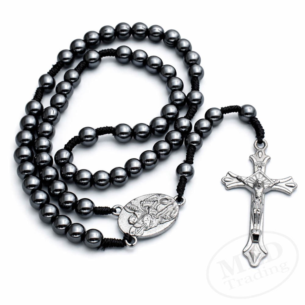 Saint St Michael Medal 12″ Cord Rosary Black Hematite Beads Rosario San Miguel