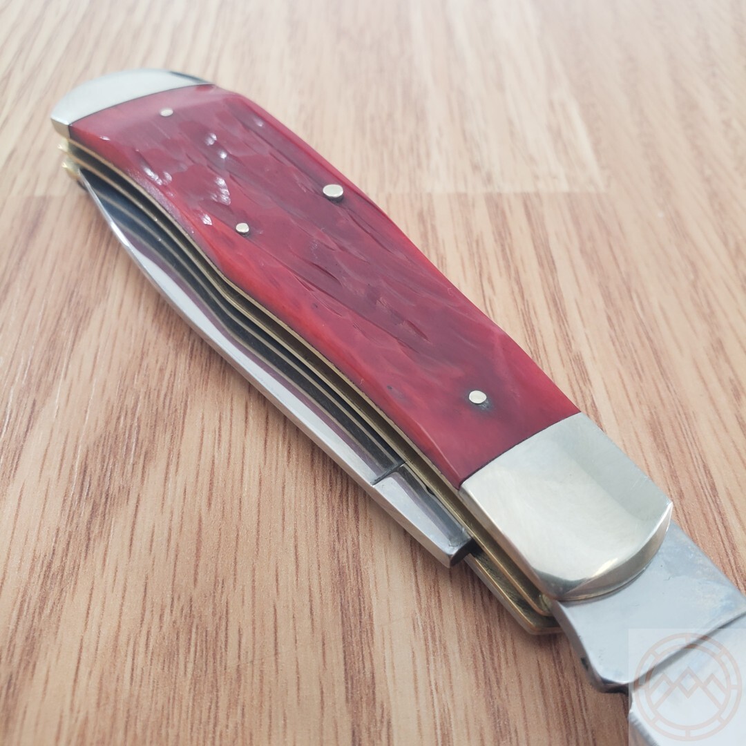 Queen Big Boy Trapper Pocket Knife 1095 Steel Blades Red Jigged Bone Handle 7555