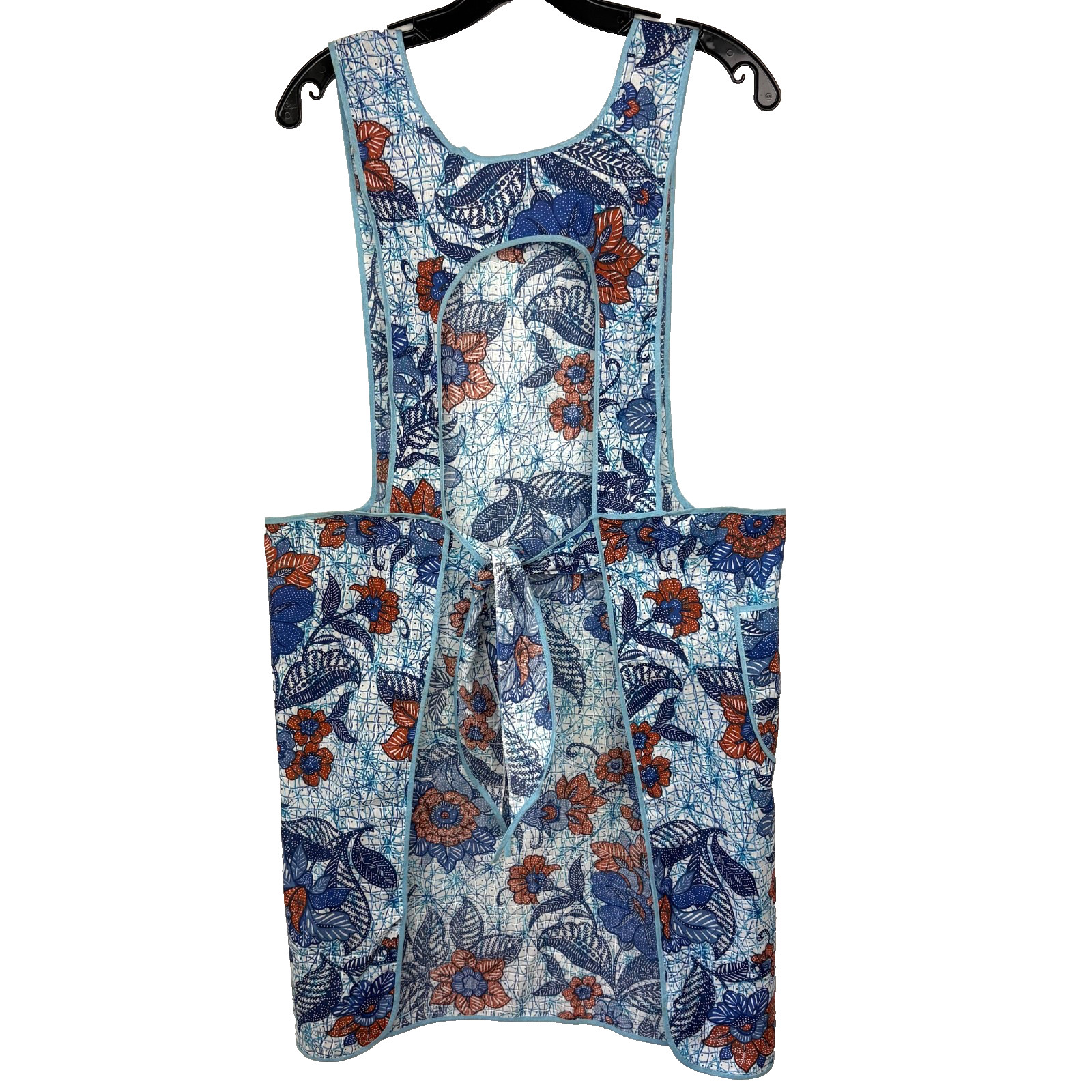 Vtg Fruit Of The Loom Bib Tie Back Easy Care Apron Blue Floral Pockets NOS READ