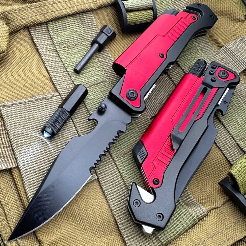 Red 7-in-1 Survival Tactical Military Folding Pocket Knife with LED Light Tool