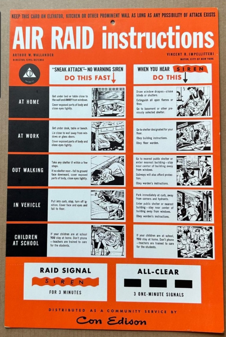 Original 1950s CON EDISON Air Raid Instructions Sign