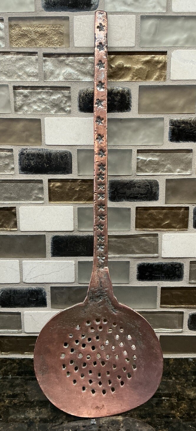 Hammered Brass Slotted Spoon Hand Made Decorated Handle Rustic Farmhouse 13 in