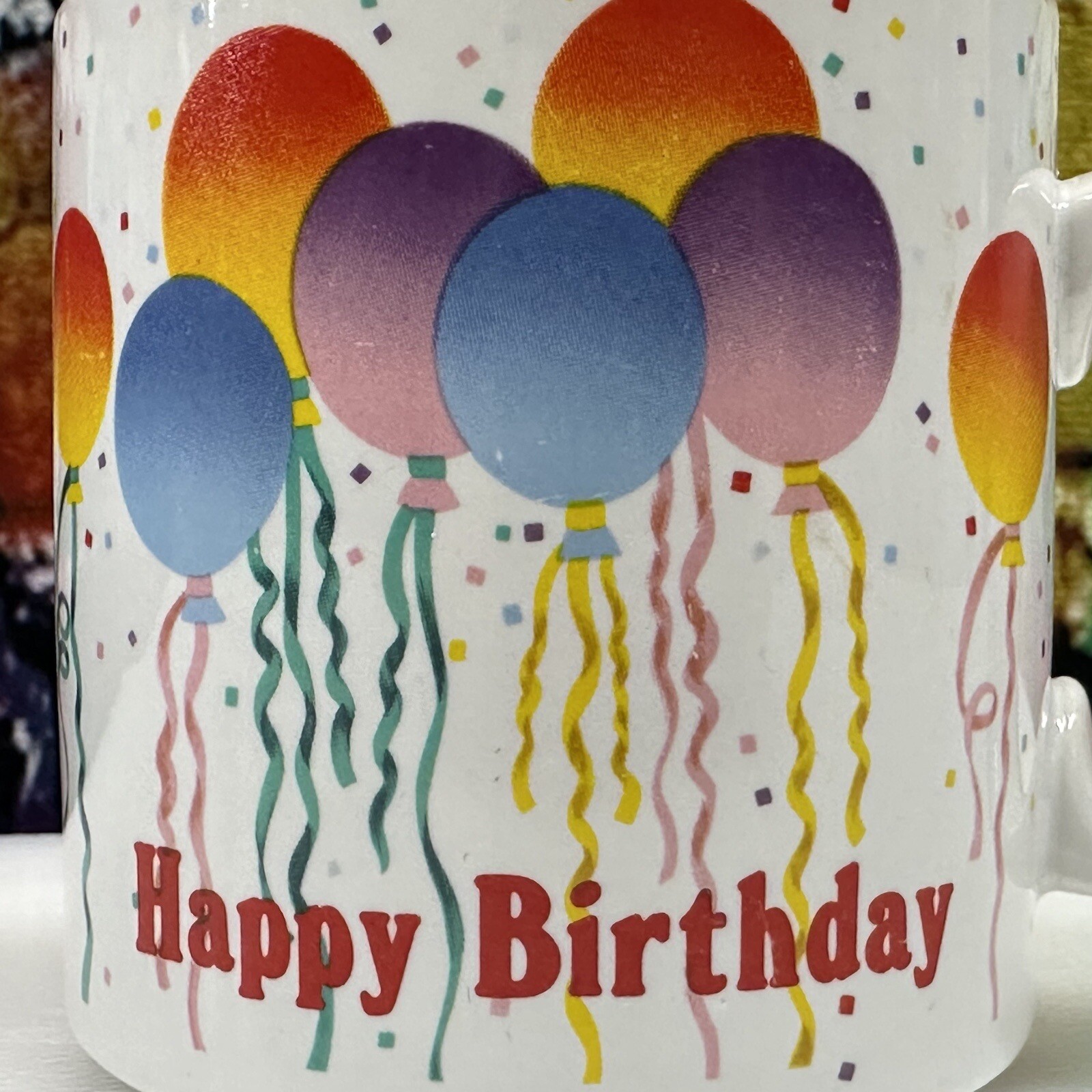 Happy Birthday RUSS Coffee Mug Cup Balloons Confetti Party Present Gift Clean!