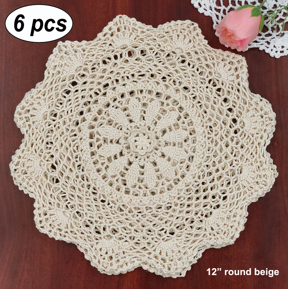 Creative Linens 6PCS 12″ Round Beige Cotton Crochet Lace Doily Handmade