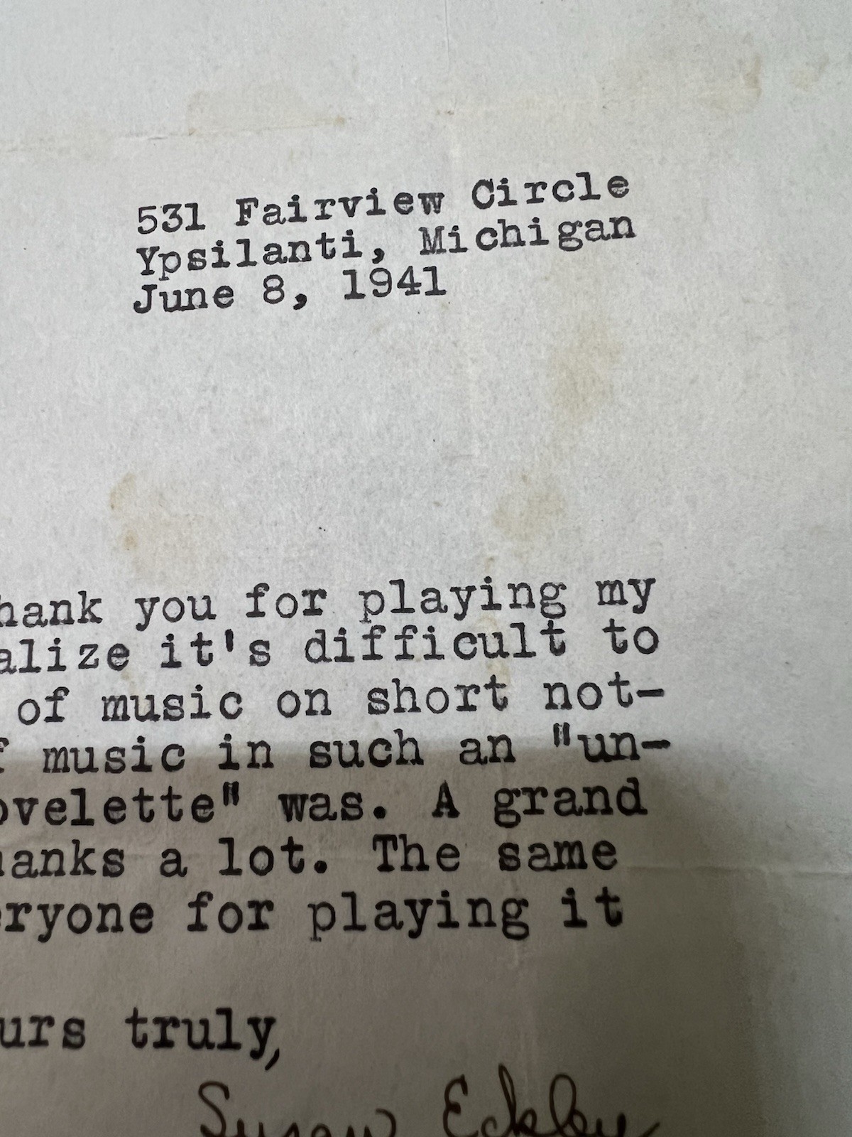 1941 Susan Eckley Signed Typed Letter Music Orchestra Prom Ann Arbor Michigan
