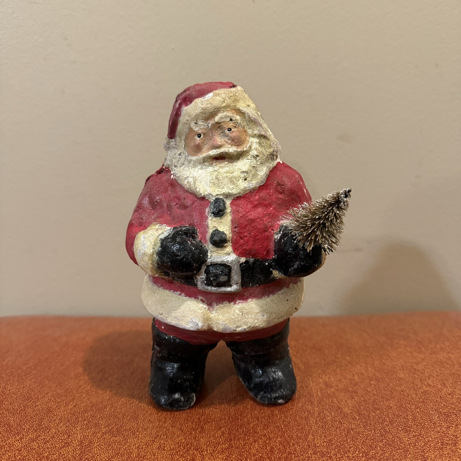 Antique Christmas Pulp Paper Mache Santa Claus Figure With Christmas Tree RARE!