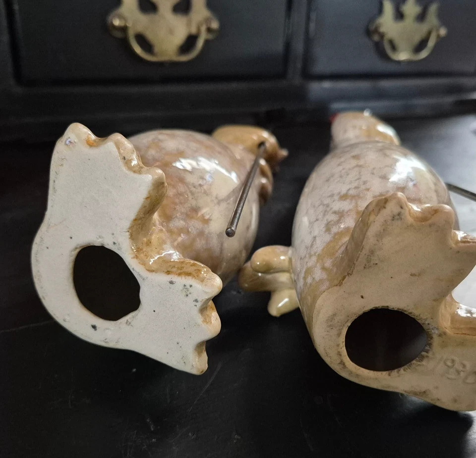Vintage Ceramic Pottery Roosters with Hoe and Rake 193D 9.5 in. T