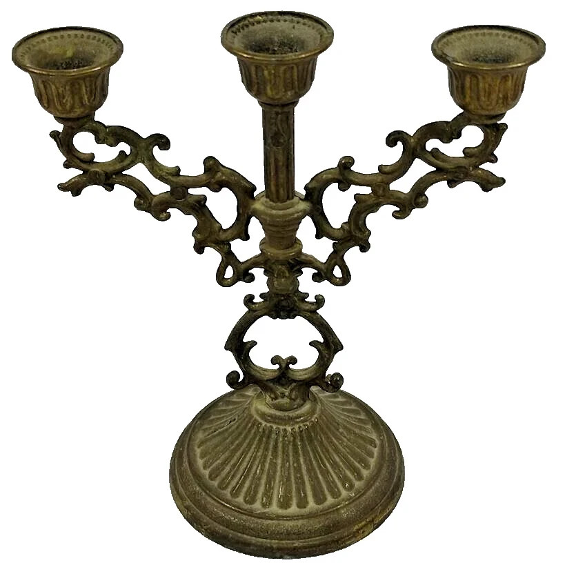 Vintage Italian Ornate Brass Small 3 Branch Mini Candelabra Candle Holder Stick
