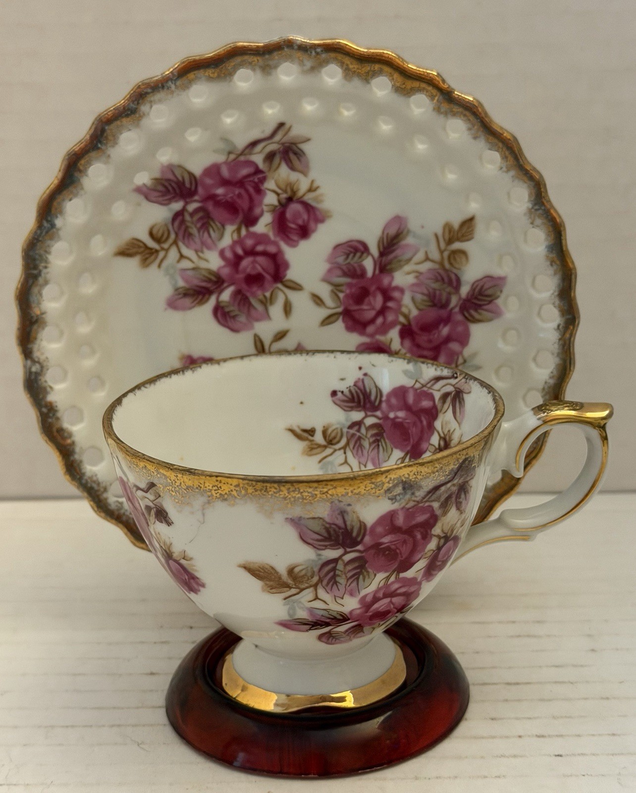 Vintage Porcelain Tea Cup and Saucer with Purple Floral Pattern and Gold Trim