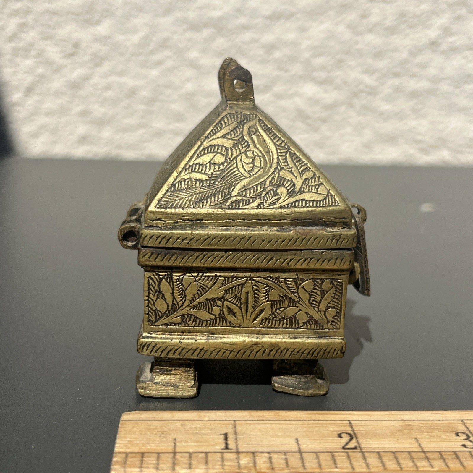 Antique Indian Brass Paan Daan Box Casket Peacock Betel Nut Box Odisha 2.5 x 2in